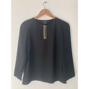 Ted Baker London Black Embellished 3/4 Sleeve Top Sz 2 Rhinestone Detail Luxe